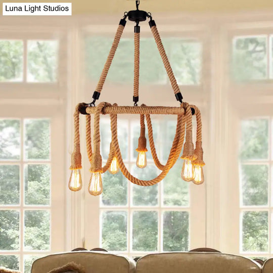 Adjustable Industrial Rope Chandelier - 6 Lights Beige Ceiling Fixture