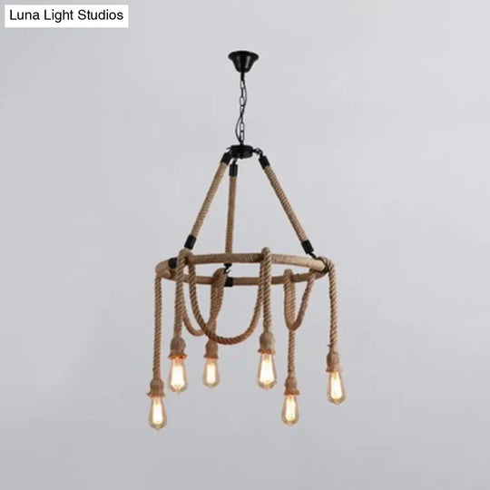 Adjustable 6-Light Industrial Rope Chandelier - Beige Ceiling Fixture