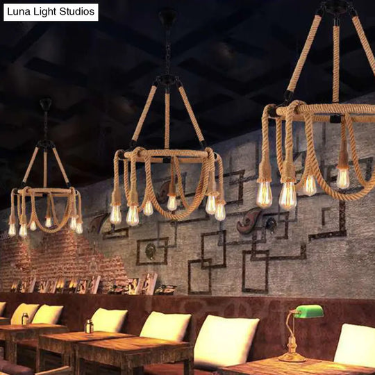 Adjustable Industrial Rope Chandelier - 6 Lights Beige Ceiling Fixture