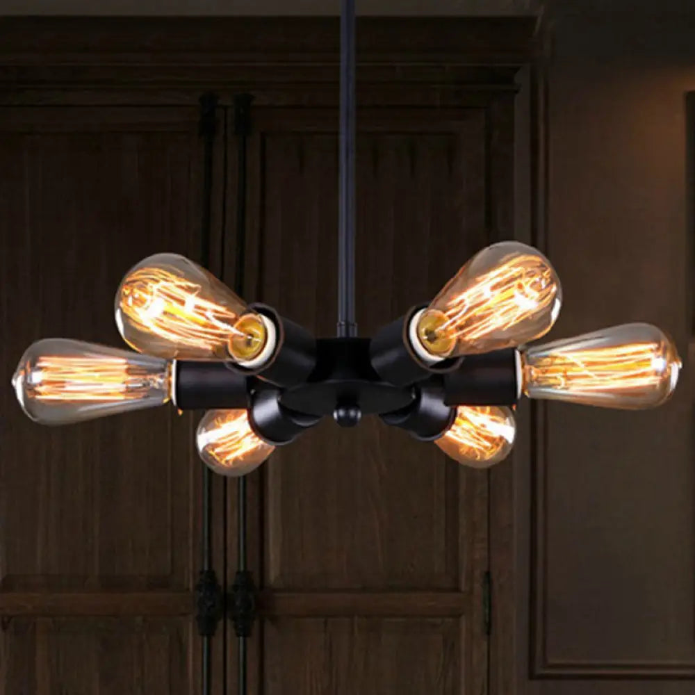 Adjustable Metallic Pendant Light With 6 Bulbs - Ideal For Study Room Industrial Exposed Chandelier