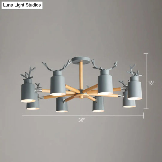 Adjustable Nordic Chandelier Light With Metal Antler Design Cylindrical Shade And Wooden Arm