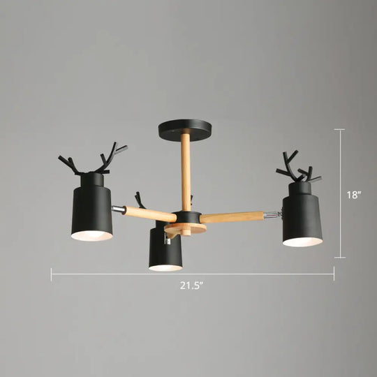 Adjustable Nordic Chandelier Light With Metal Antler Design Cylindrical Shade And Wooden Arm 3 /