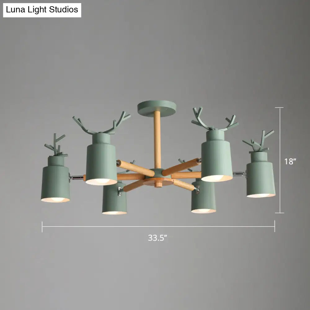 Adjustable Nordic Chandelier Light With Metal Antler Design Cylindrical Shade And Wooden Arm