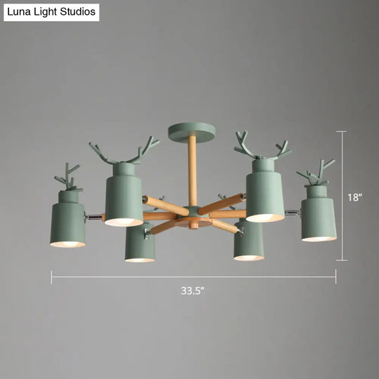 Adjustable Nordic Chandelier Light With Metal Antler Design Cylindrical Shade And Wooden Arm
