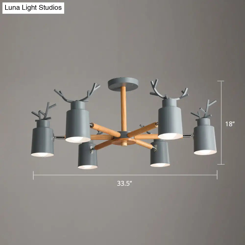 Adjustable Nordic Chandelier Light With Metal Antler Design Cylindrical Shade And Wooden Arm