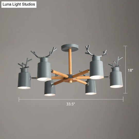 Adjustable Nordic Chandelier Light With Metal Antler Design Cylindrical Shade And Wooden Arm