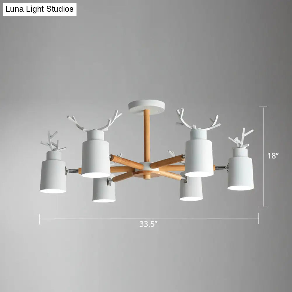 Adjustable Nordic Chandelier Light With Metal Antler Design Cylindrical Shade And Wooden Arm