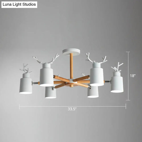 Adjustable Nordic Chandelier Light With Metal Antler Design Cylindrical Shade And Wooden Arm