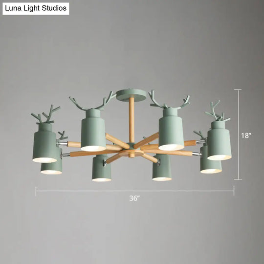 Adjustable Nordic Chandelier Light With Metal Antler Design Cylindrical Shade And Wooden Arm