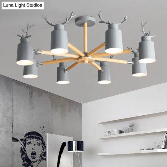 Adjustable Nordic Chandelier Light With Metal Antler Design Cylindrical Shade And Wooden Arm