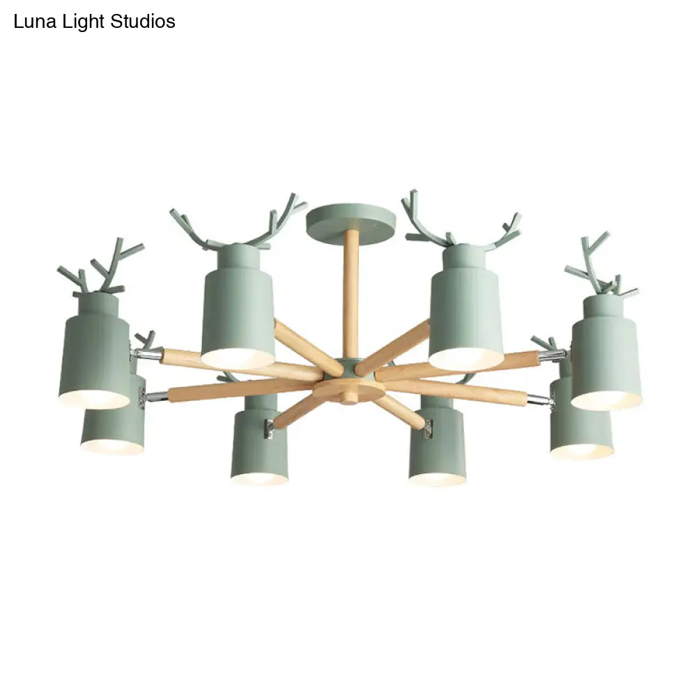 Adjustable Nordic Chandelier Light With Metal Antler Design Cylindrical Shade And Wooden Arm
