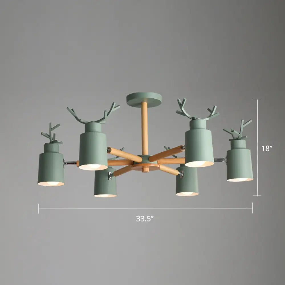 Adjustable Nordic Chandelier Light With Metal Antler Design Cylindrical Shade And Wooden Arm 6 /