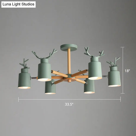 Adjustable Nordic Chandelier Light With Metal Antler Design Cylindrical Shade And Wooden Arm