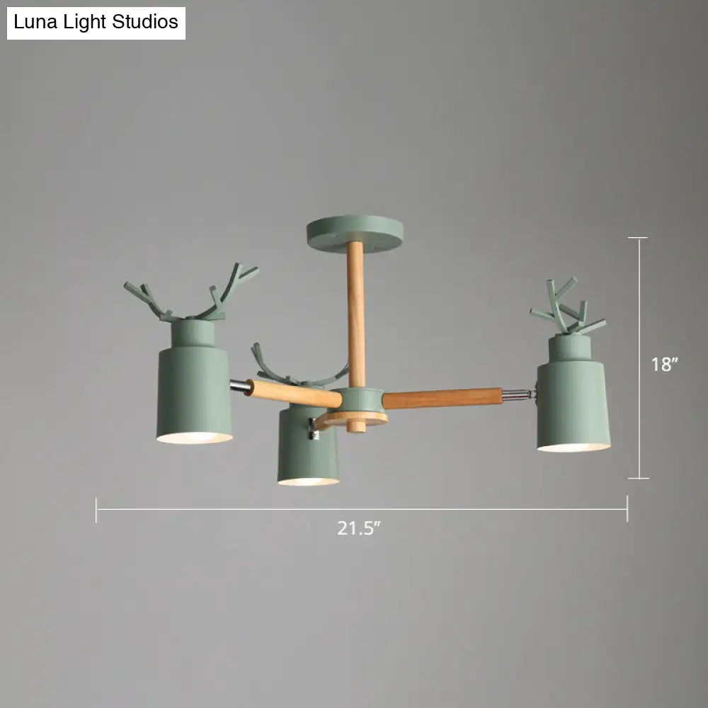 Adjustable Nordic Chandelier Light With Metal Antler Design Cylindrical Shade And Wooden Arm