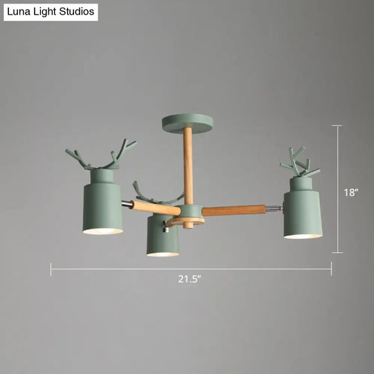 Adjustable Nordic Chandelier Light With Metal Antler Design Cylindrical Shade And Wooden Arm