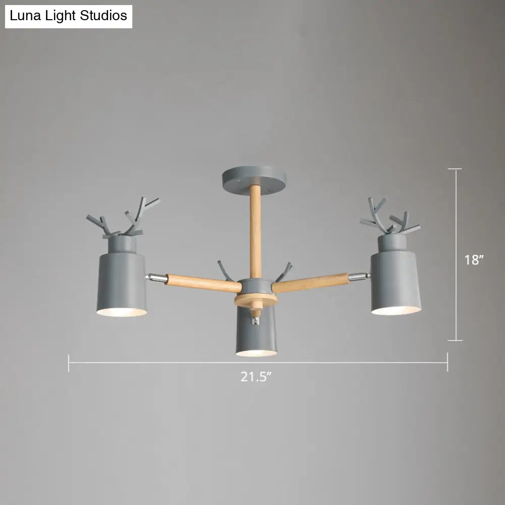 Adjustable Nordic Chandelier Light With Metal Antler Design Cylindrical Shade And Wooden Arm