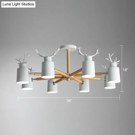 Adjustable Nordic Chandelier Light With Metal Antler Design Cylindrical Shade And Wooden Arm