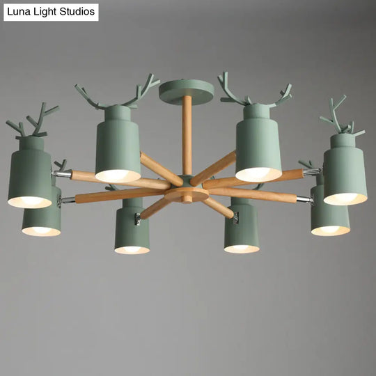 Adjustable Nordic Chandelier Light With Metal Antler Design Cylindrical Shade And Wooden Arm