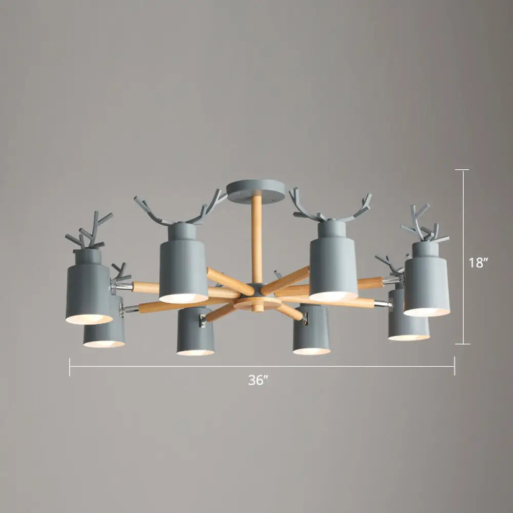 Adjustable Nordic Chandelier Light With Metal Antler Design Cylindrical Shade And Wooden Arm 8 /