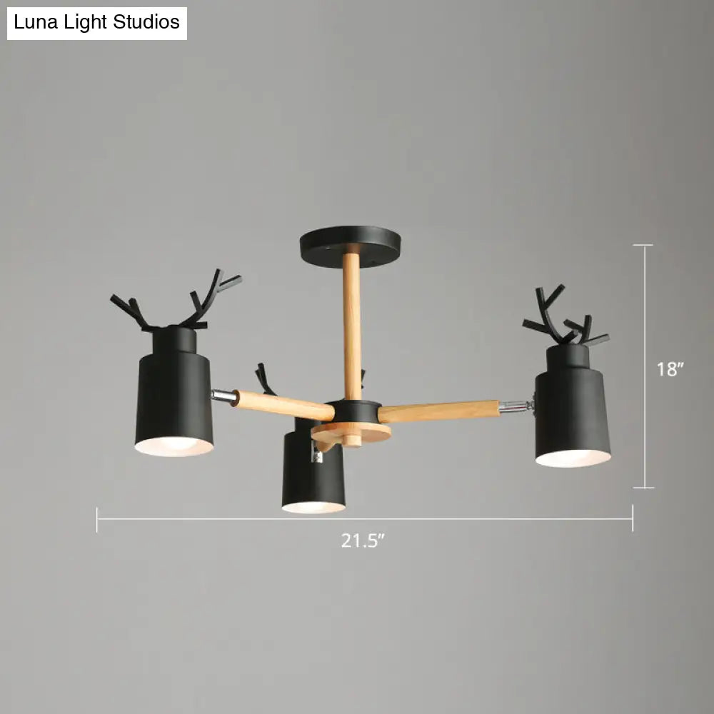 Adjustable Nordic Chandelier Light With Metal Antler Design Cylindrical Shade And Wooden Arm
