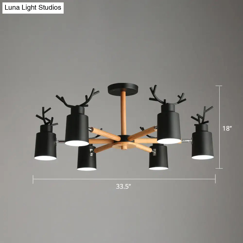 Adjustable Nordic Chandelier Light With Metal Antler Design Cylindrical Shade And Wooden Arm