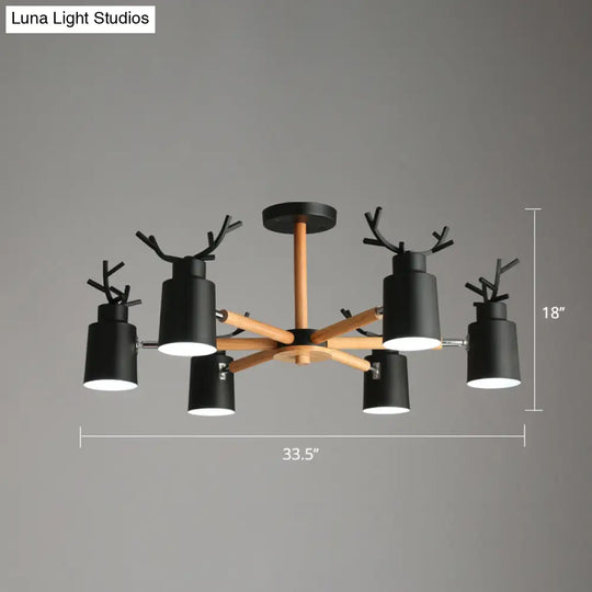 Adjustable Nordic Chandelier Light With Metal Antler Design Cylindrical Shade And Wooden Arm