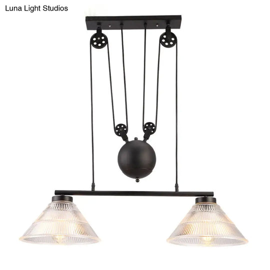 Adjustable Pulley Industrial Cone Pendant With Prismatic Glass - Black 2/3-Light Island Lamp
