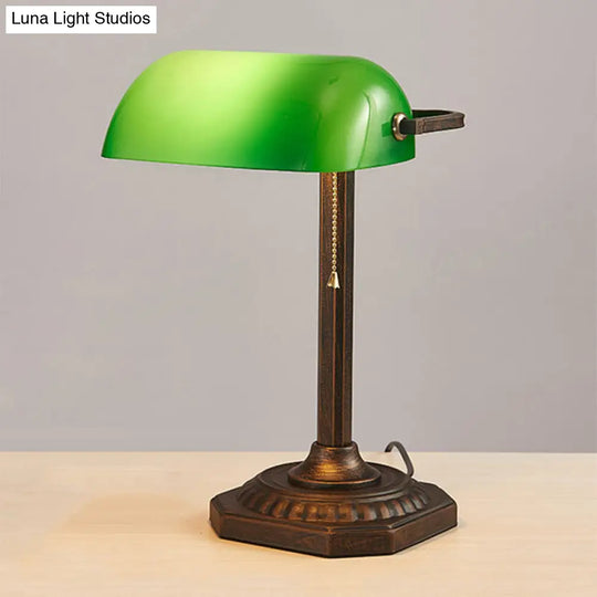 Adjustable Retro Pull Chain Table Lamp - Green Glass Night Light With Antiqued Bronze Finish