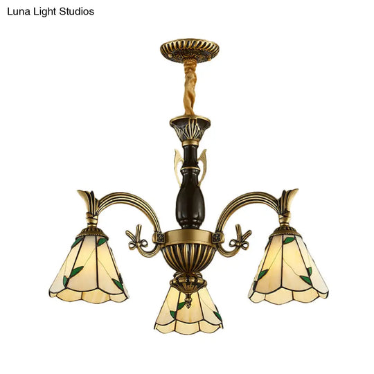 Adjustable Rustic Chandelier With Cone-Shaped Beige Glass Shades - 3-Light Pendant Lamp For Dining