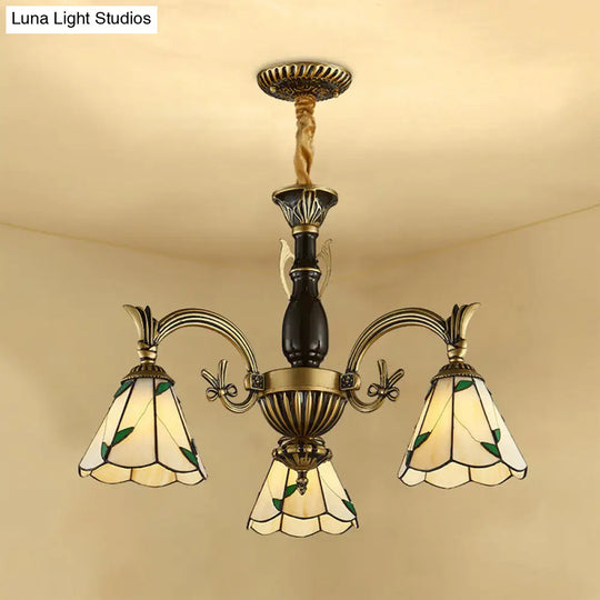 Adjustable 3-Light Rustic Chandelier: Beige Glass Cone Shades For Dining Room