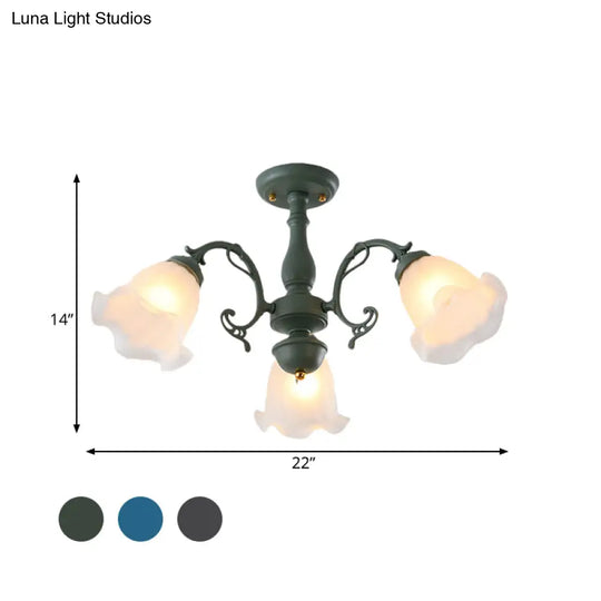 Adjustable Semi Flush American Flower Chandelier - 3/5 Bulbs Ruffled Design Grey/Blue/Green Matte