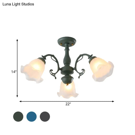 Adjustable Semi Flush American Flower Chandelier - 3/5 Bulbs Ruffled Design Grey/Blue/Green Matte