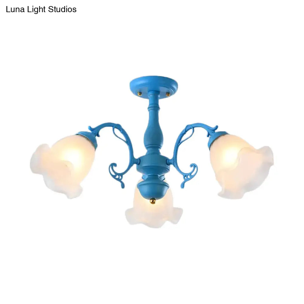 Adjustable Semi Flush American Flower Chandelier - 3/5 Bulbs Ruffled Design Grey/Blue/Green Matte