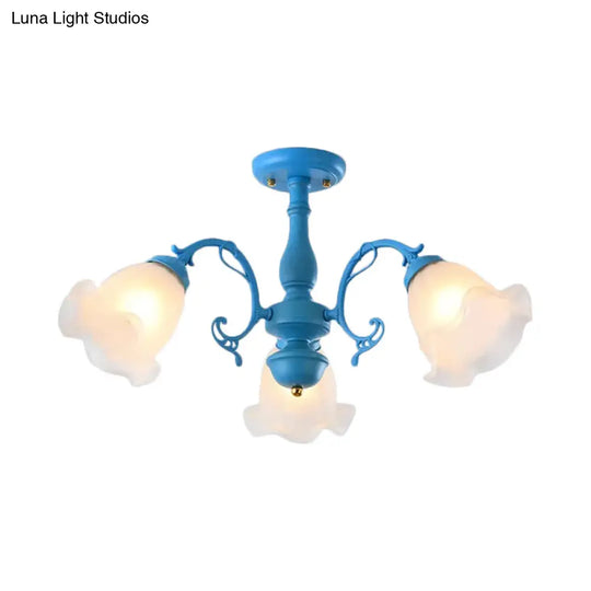 Adjustable Semi Flush American Flower Chandelier - 3/5 Bulbs Ruffled Design Grey/Blue/Green Matte