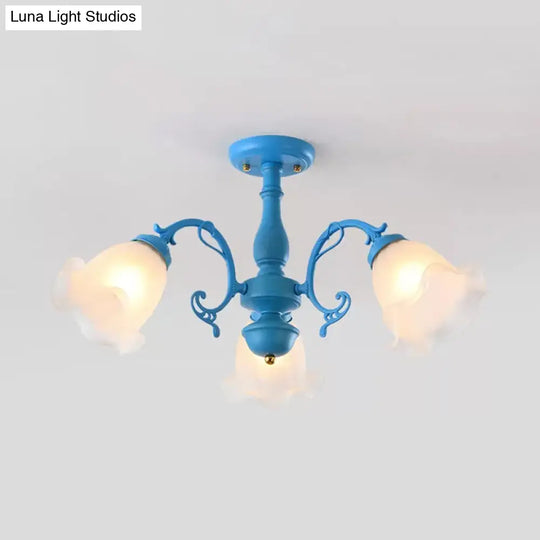 Adjustable Semi Flush American Flower Chandelier - 3/5 Bulbs Ruffled Design Grey/Blue/Green Matte