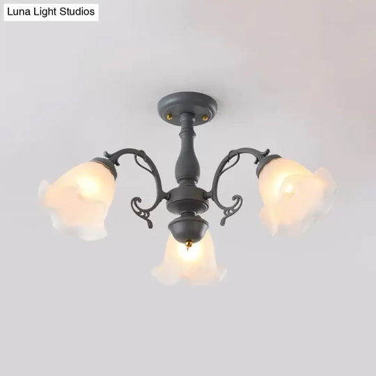 Adjustable Semi Flush American Flower Chandelier - 3/5 Bulbs Ruffled Design Grey/Blue/Green Matte
