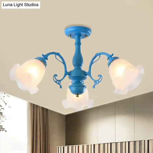 Adjustable Semi Flush American Flower Chandelier - 3/5 Bulbs Ruffled Design Grey/Blue/Green Matte