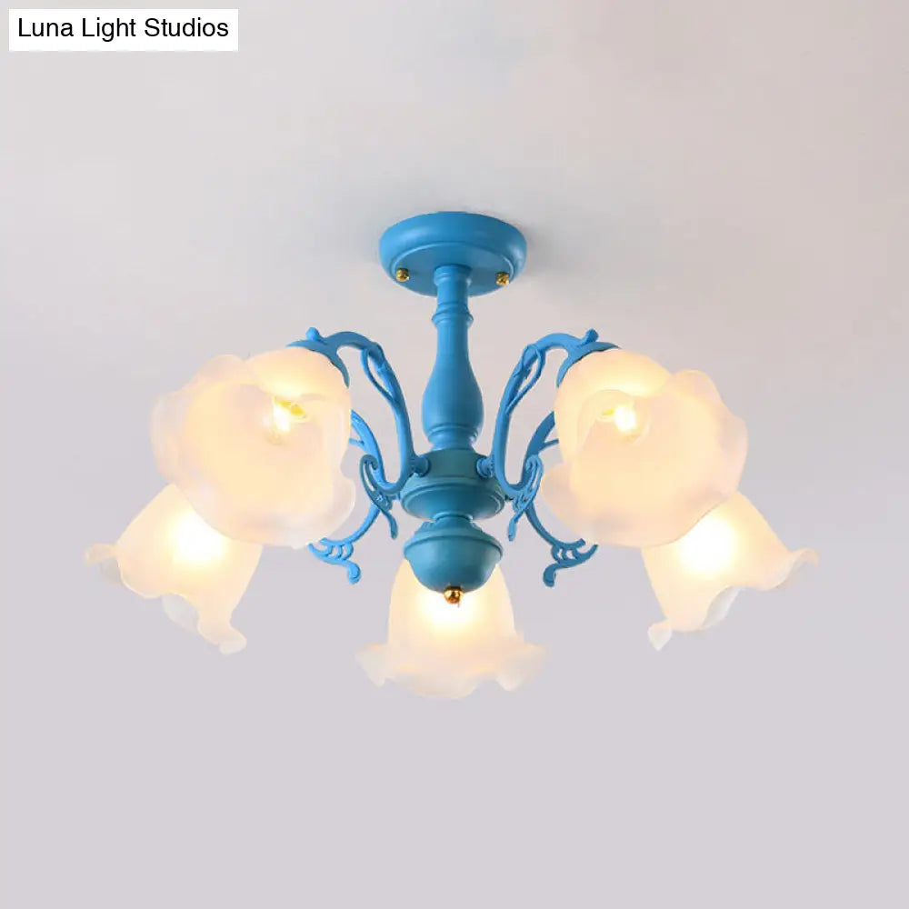 Adjustable Semi Flush American Flower Chandelier - 3/5 Bulbs Ruffled Design Grey/Blue/Green Matte