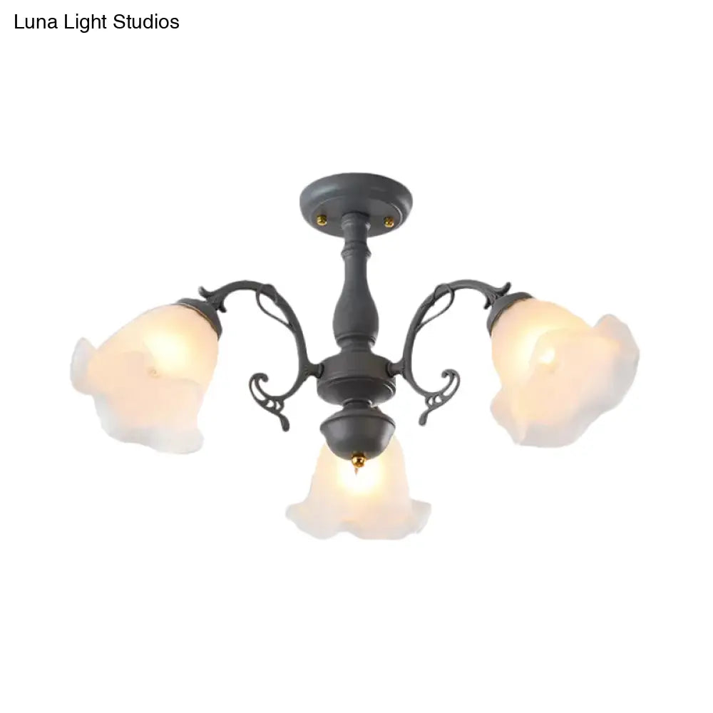 Adjustable Semi Flush American Flower Chandelier - 3/5 Bulbs Ruffled Design Grey/Blue/Green Matte