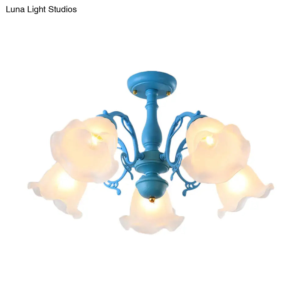 Adjustable Semi Flush American Flower Chandelier - 3/5 Bulbs Ruffled Design Grey/Blue/Green Matte