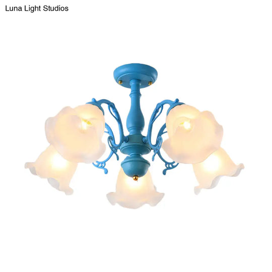 Adjustable Semi Flush American Flower Chandelier - 3/5 Bulbs Ruffled Design Grey/Blue/Green Matte