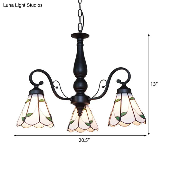 Adjustable Chain Stained Glass Cone Chandelier Lamp - Traditional Pendant Light With Rhombus/Leaf In