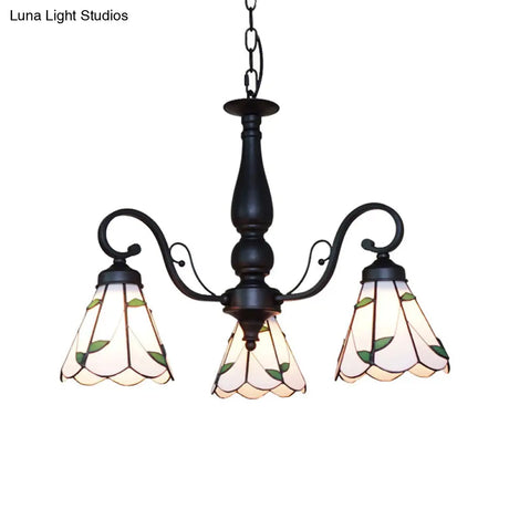 Adjustable Stained Glass Cone Chandelier With Traditional Pendant Light - 3 Lights And Rhombus/Leaf