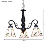Adjustable Stained Glass Cone Chandelier With Traditional Pendant Light - 3 Lights And Rhombus/Leaf