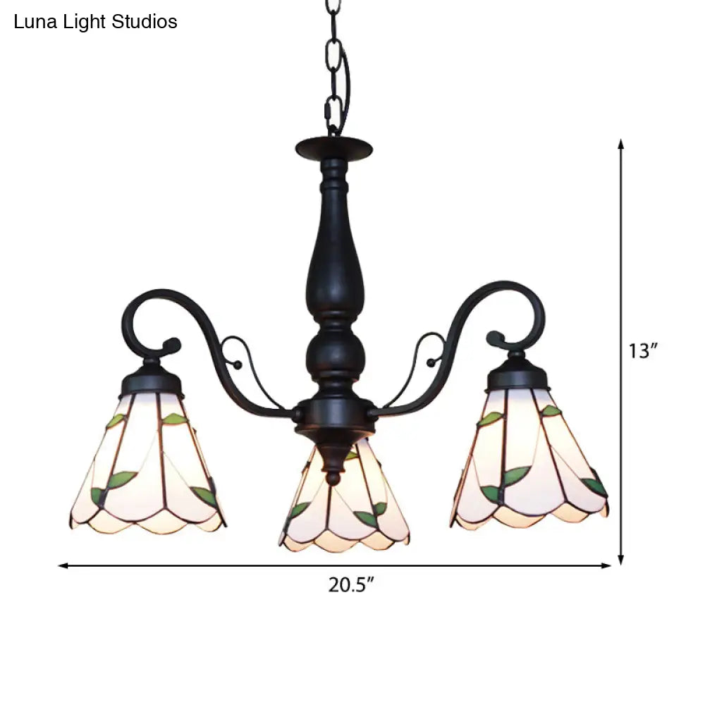 Adjustable Stained Glass Cone Chandelier With Traditional Pendant Light - 3 Lights And Rhombus/Leaf