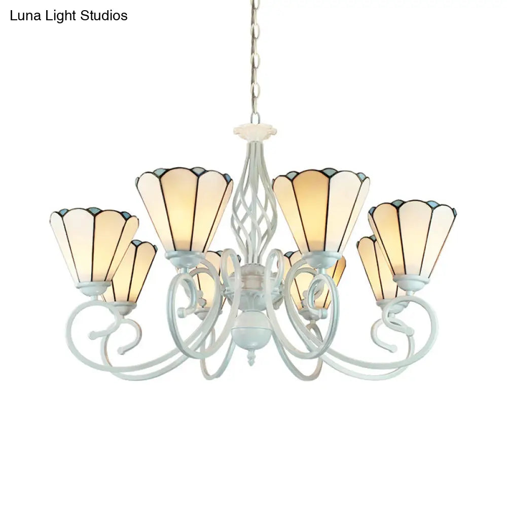 Adjustable Stained Glass Cone Pendant Chandelier With Metal Chain - 6/8 Lights In White Traditional