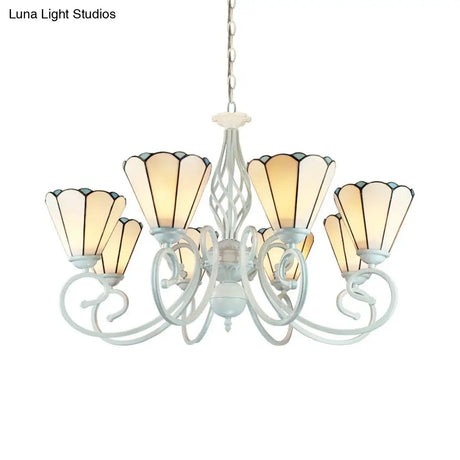 Adjustable Stained Glass Cone Pendant Chandelier With Metal Chain - 6/8 Lights In White Traditional