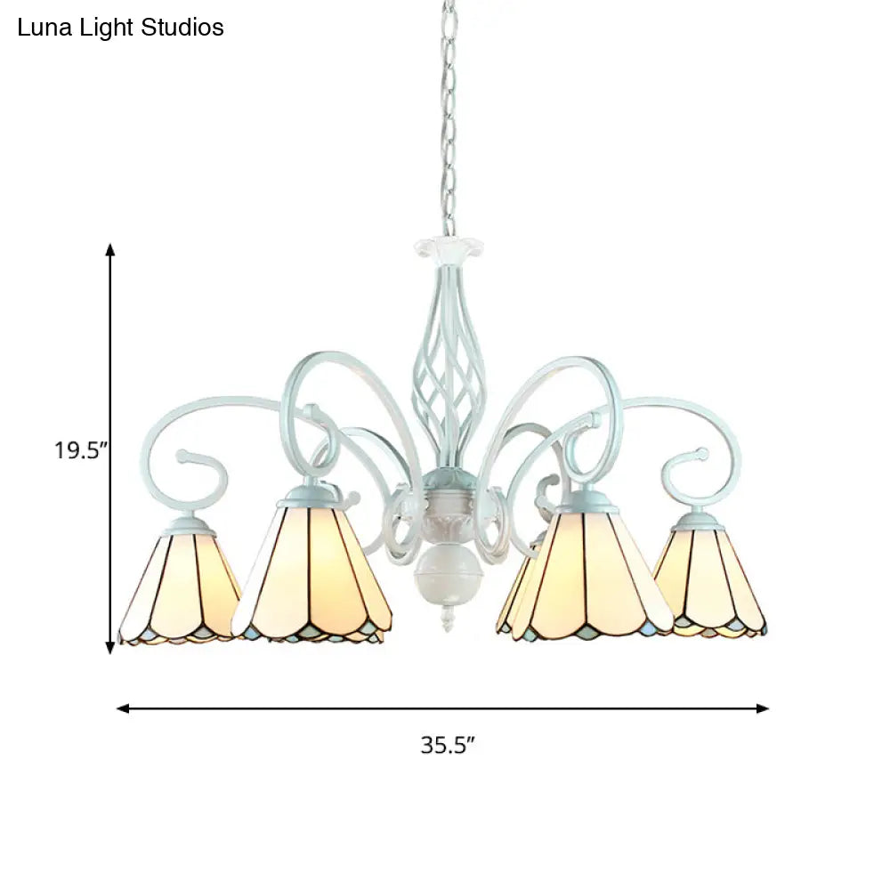 Adjustable Stained Glass Cone Pendant Chandelier With Metal Chain - 6/8 Lights In White Traditional