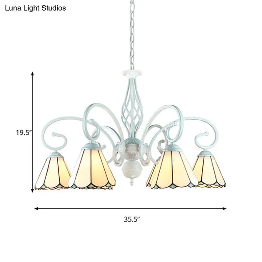 Adjustable Stained Glass Cone Pendant Chandelier With Metal Chain - 6/8 Lights In White Traditional
