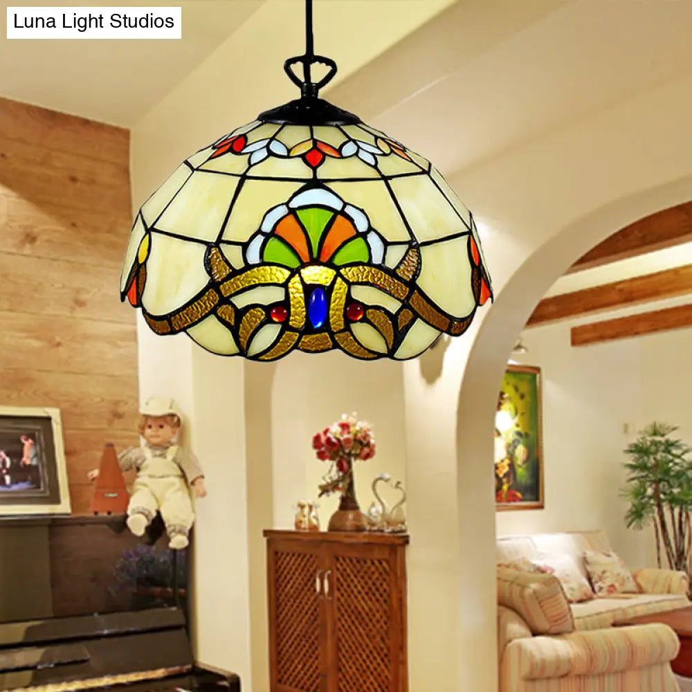 Stained Glass Victorian Kitchen Island Pendant Light - Adjustable Floral Ceiling Fixture In Yellow